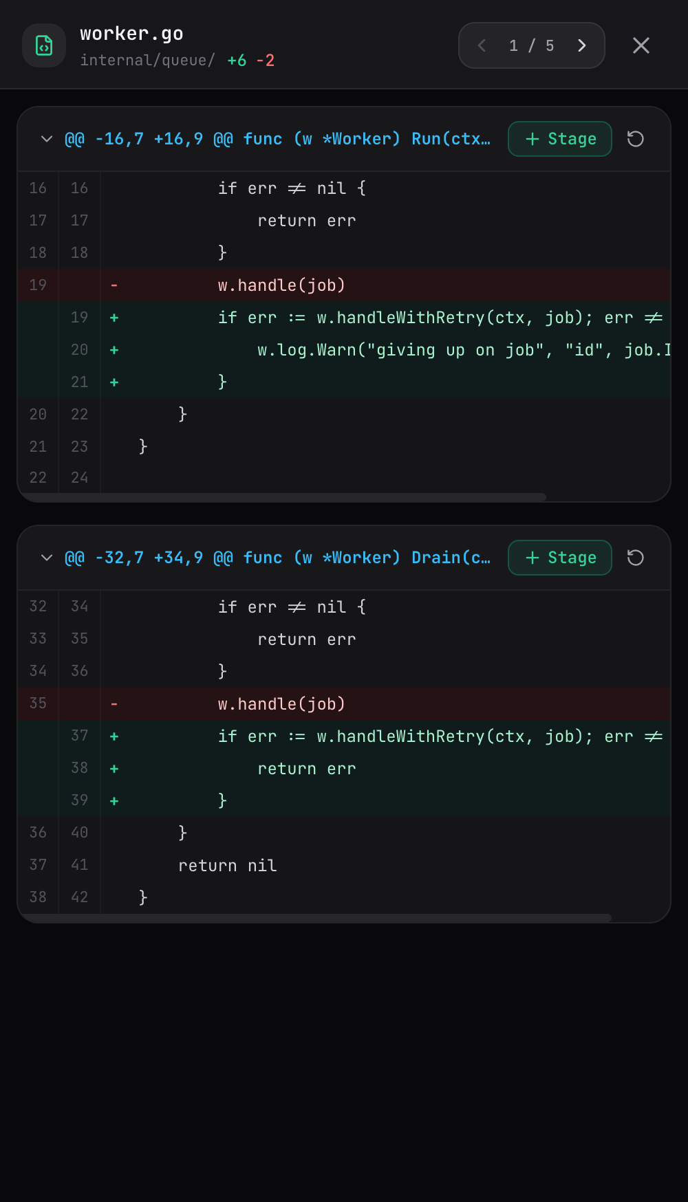 Unified diff of a Go file with a single hunk and a stage button.
