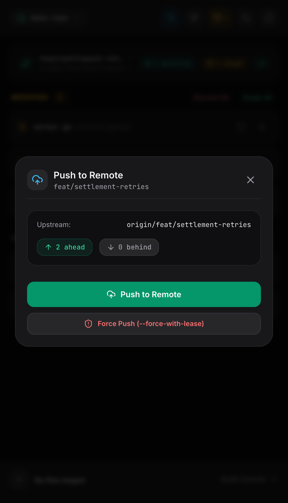 Push dialog showing ahead and behind counts, a set upstream checkbox, and a guarded force push option.